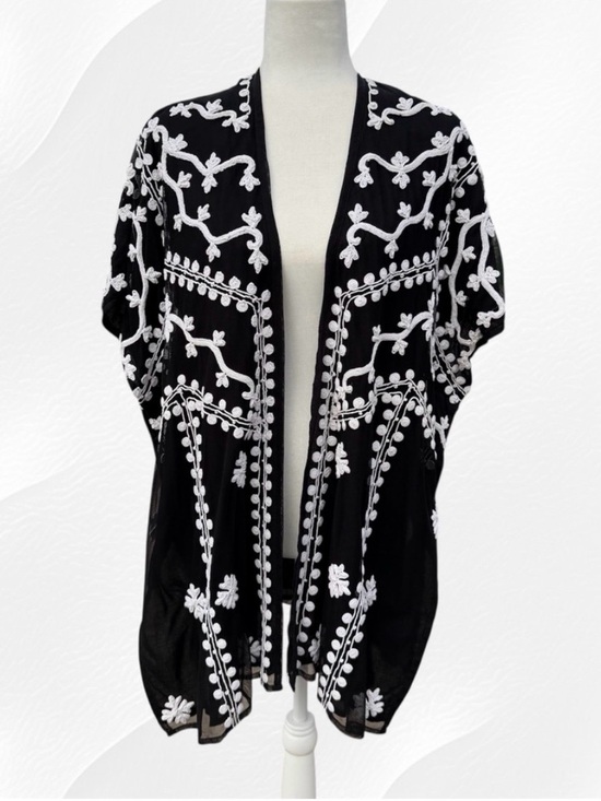 Chico's Tops - Chico’s Black and White Embroidered Mesh Overlay Open-Front Kimono, Women’s S/M
